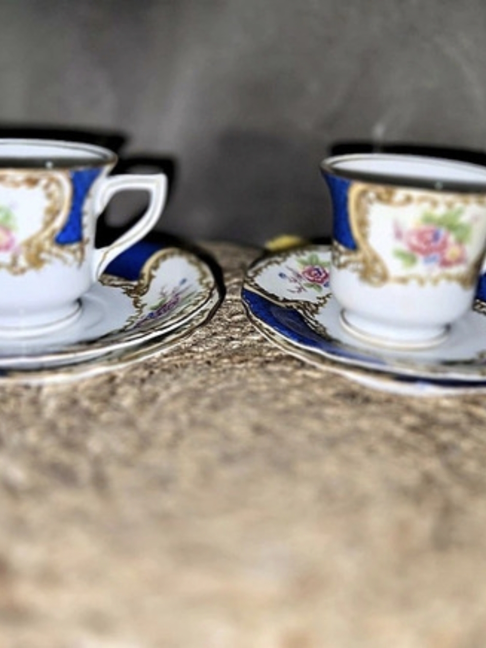 Gold castle Japan Demitasse Floral Blue & White Teacup Set X2